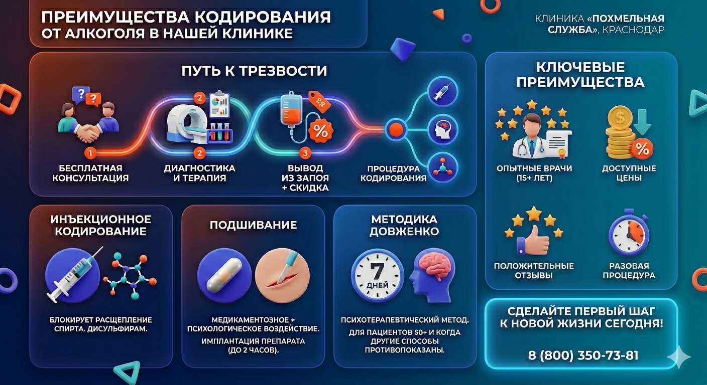 Инфографика о методах кодирования от алкоголя в Кольчугино: инъекции, подшивание, метод Довженко. Преимущества клиники и этапы лечения.