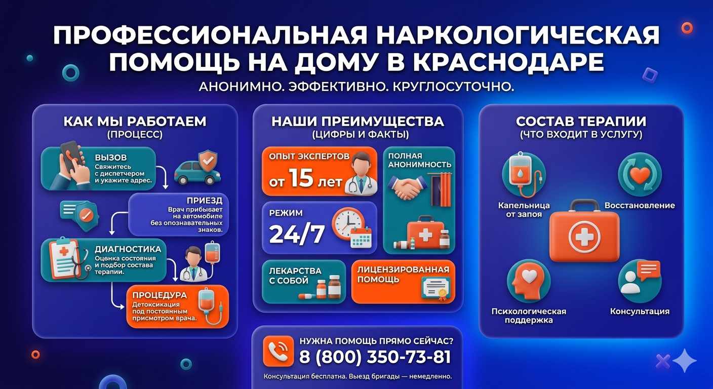 Инфографика о принципах лечения алкоголизма на дому в Кольчугино: этапы вызова нарколога, преимущества анонимной детоксикации и состав медицинской помощи.